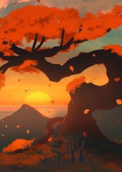 Poster: Cheerful Sunset Under the Red Tree - away
