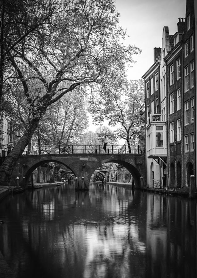 Serene Reflections: A Black and White View of Utrecht Canals