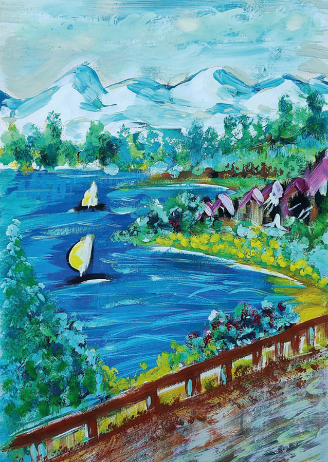 Serene Lakeside Landscape with Sailboats