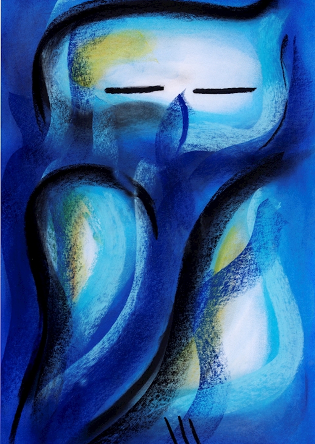 Blaue Eule - Pastellkreidebild